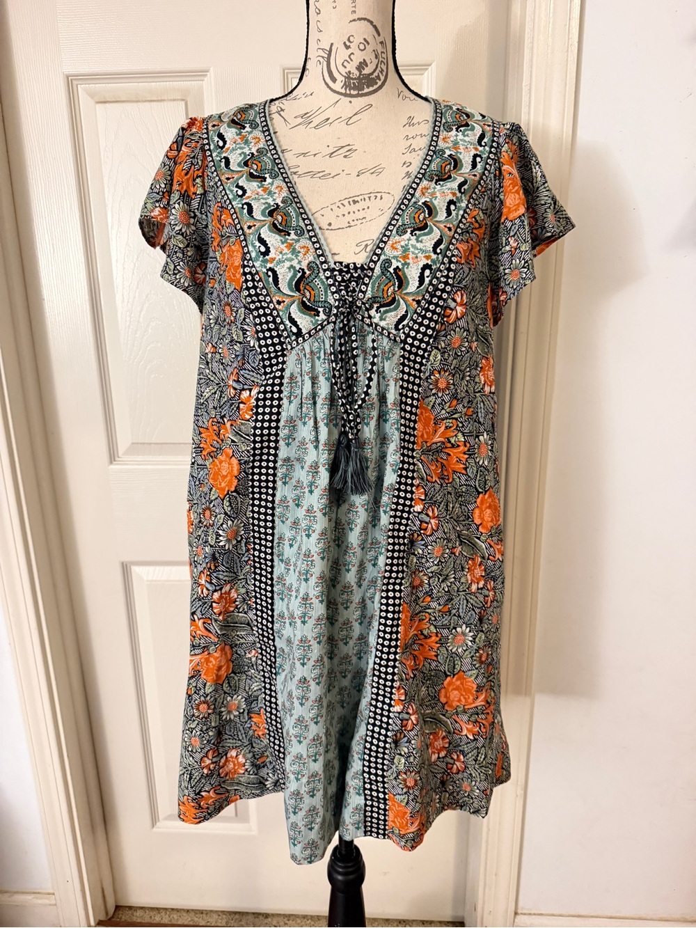 Anthropologie Mint and Orange Floral V-Neck Tassel Dress